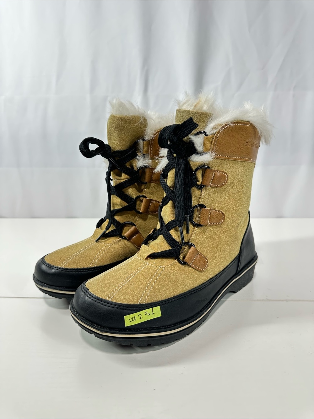 #231 Athletech Boots Size 9 Lace Up Suede-Like Faux Fur Trim  Women’s